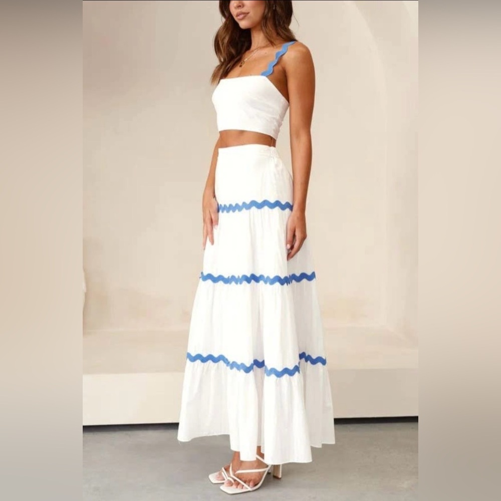 NWT Boutique Arya White & Blue Vacation Maxi Skirt Set - Picture 4 of 5